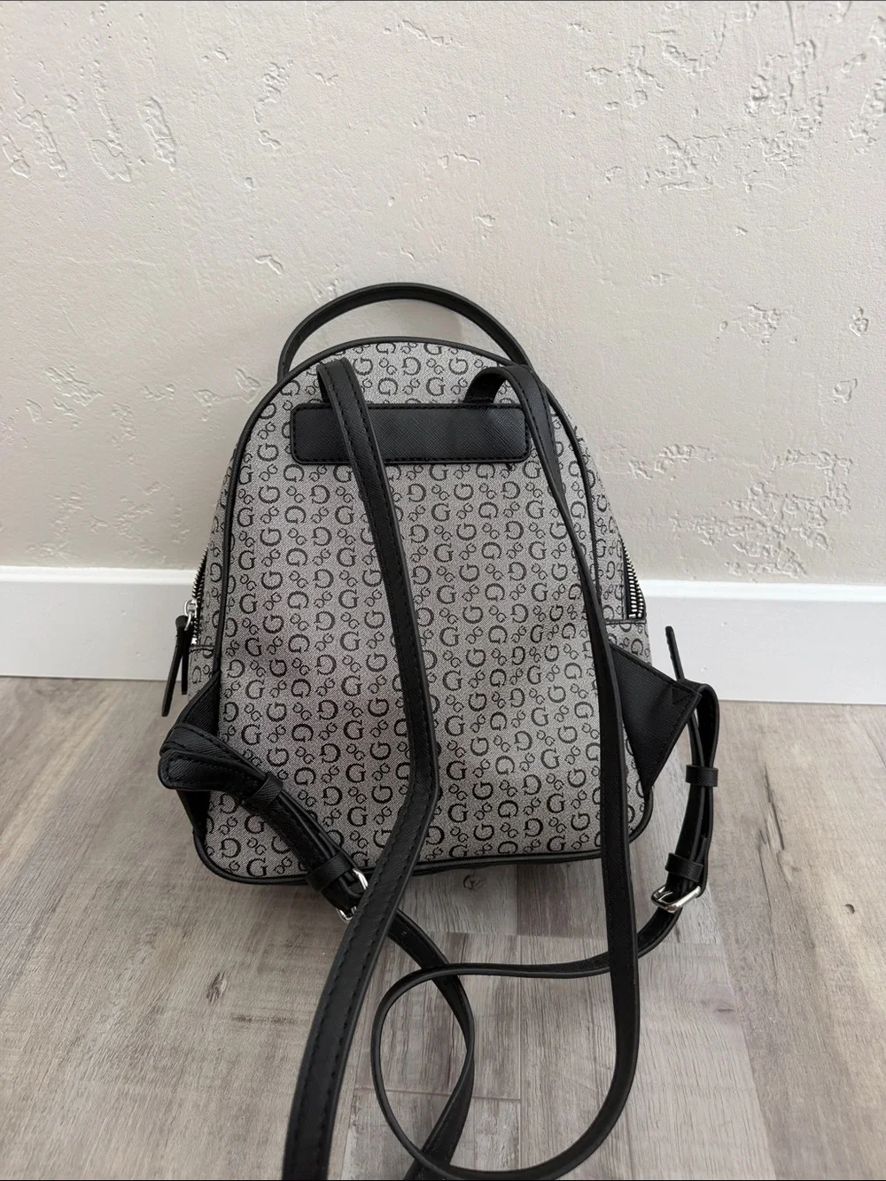 GUESS Grey and Black Monogram Mini Backpack with Silver Logo